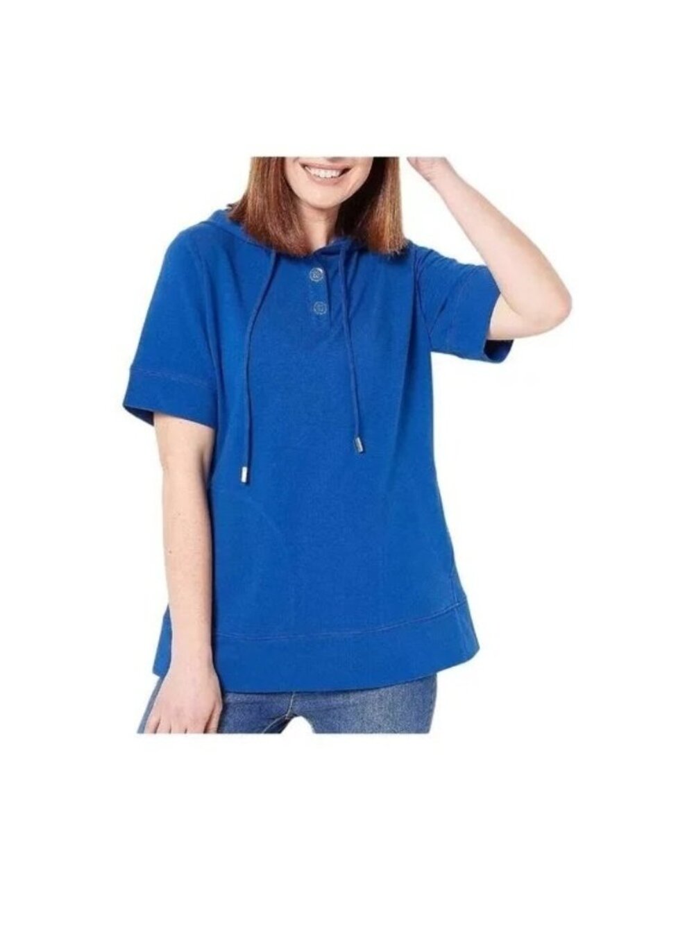 Joan Rivers Hoodie Small French Terry Short Sleeve Bright Blue Lounge NEW